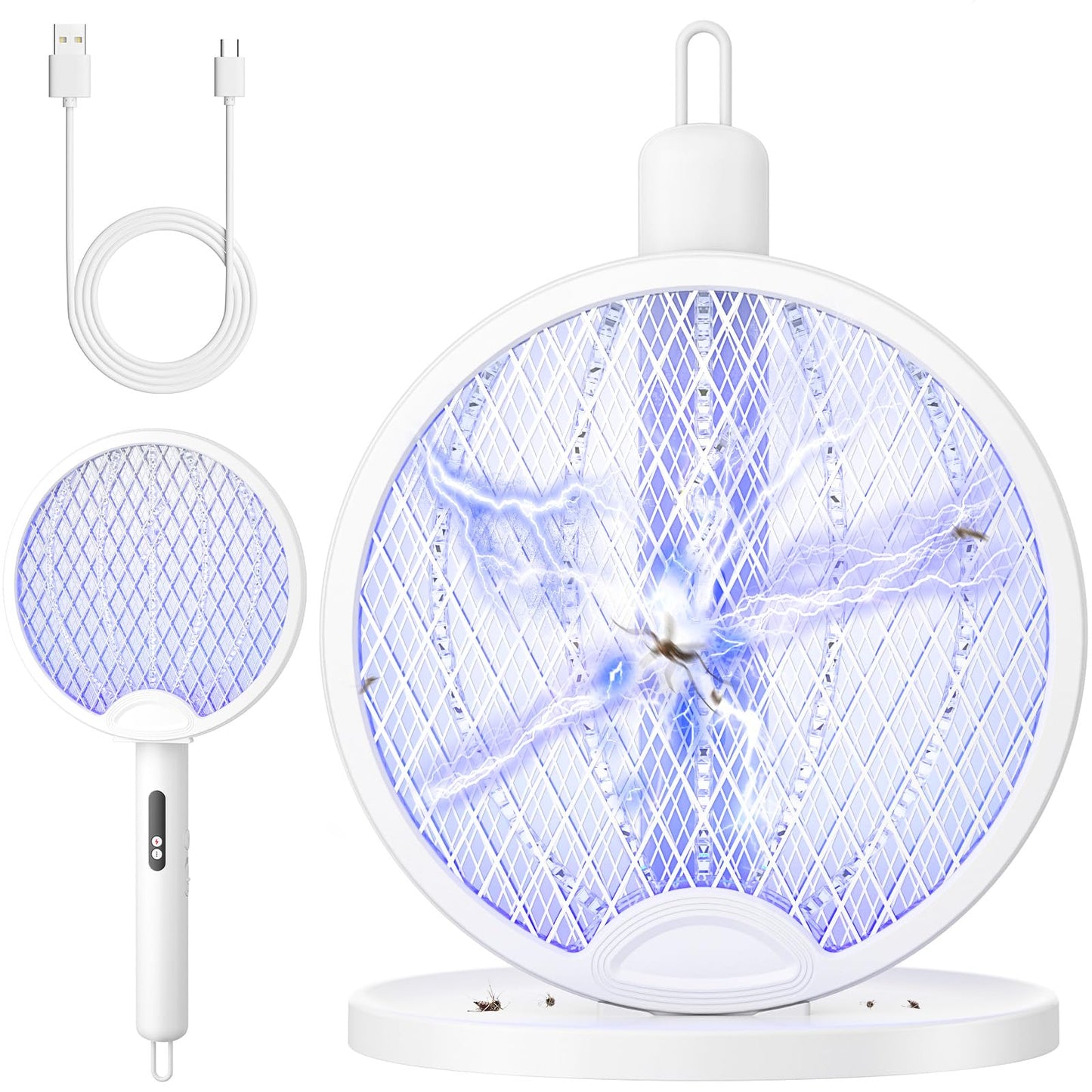 YISSVIC 2 in 1 Mosquito Killer Racket, 4000V Foldable Electric Fly Swatter with Charging Base & Purple Light, Rechargeable 1800mAh Bug Zapper Indoor for Home, Patio, Backyard, Camping Use