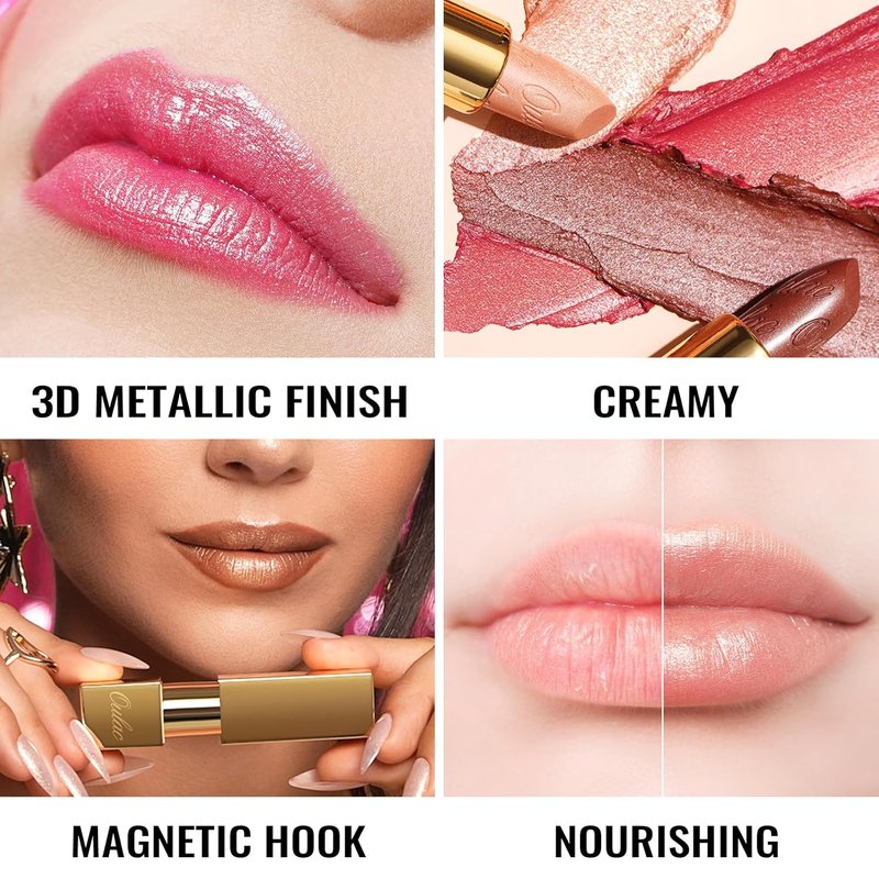 Oulac Metallic Lipstick - Lightweight Hydrating Formula, Full Coverage in Metallic Golden Nude, Vegan Beauty