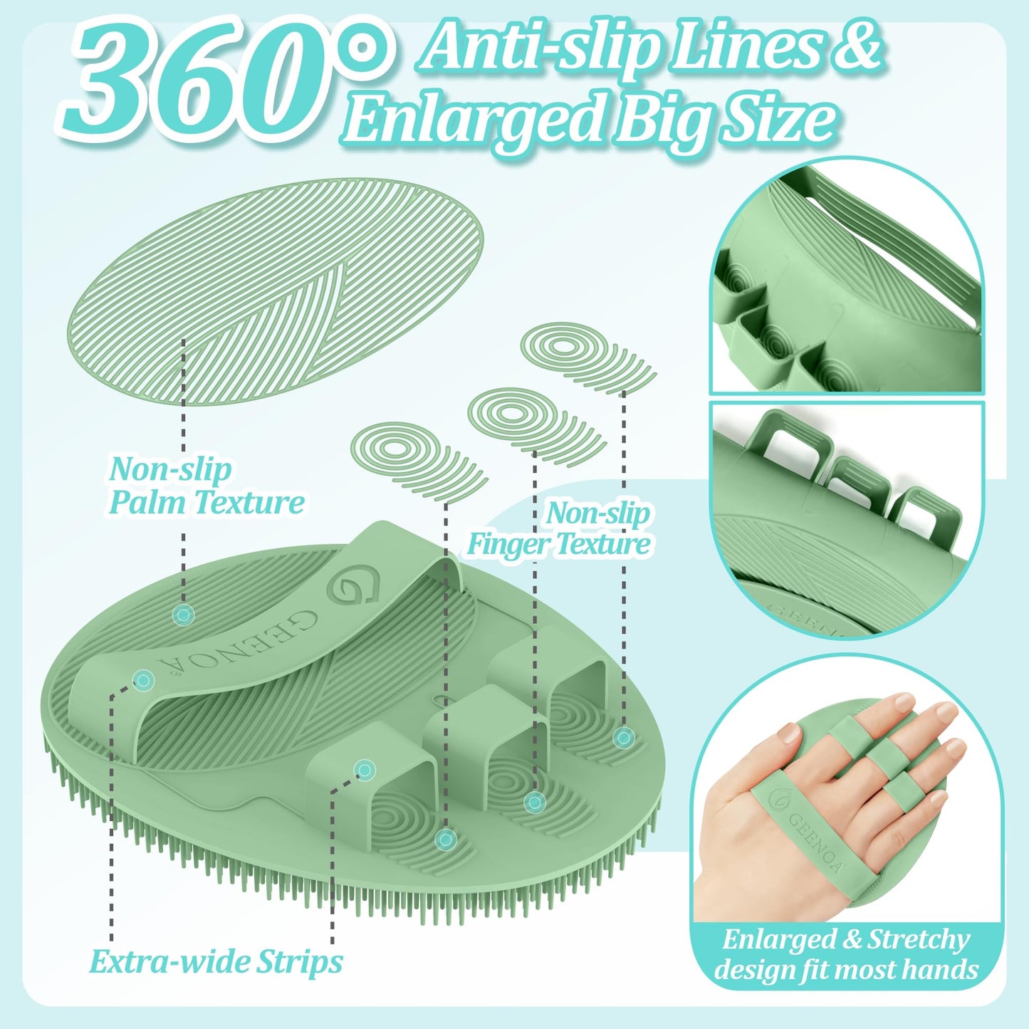 GEENOA Silicone Back Scrubber & Soft Bath Glove 2PCS, 16''- 21''Extendable Back Scrubber with Dual-Side Large Head, 360° Anti-Slip Hand-fit Silicone Body Scrubber for Rich Foaming Deep Cleaning(Green)