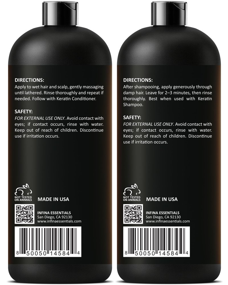 INFINA ESSENTIALS Keratin Shampoo and Conditioner Set | Frizz Control & Smoothing with Batana Oil & Bamboo Extract | Sulfate-Free | Men & Women | 16 fl oz Each