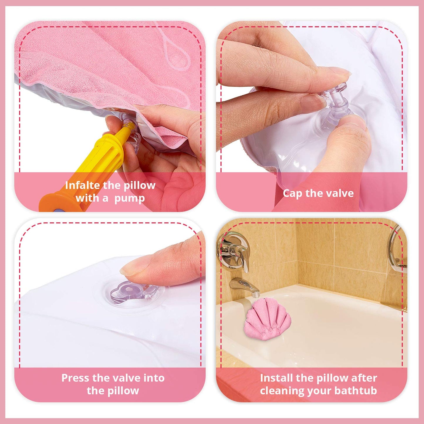 3 Pieces Inflatable Bath Pillow with Suction Cups, Terry Cloth Covered Shell Shape Bathtub Spa Pillow Comfortable Soft Cushion, Neck Support(Pink, Green, White)
