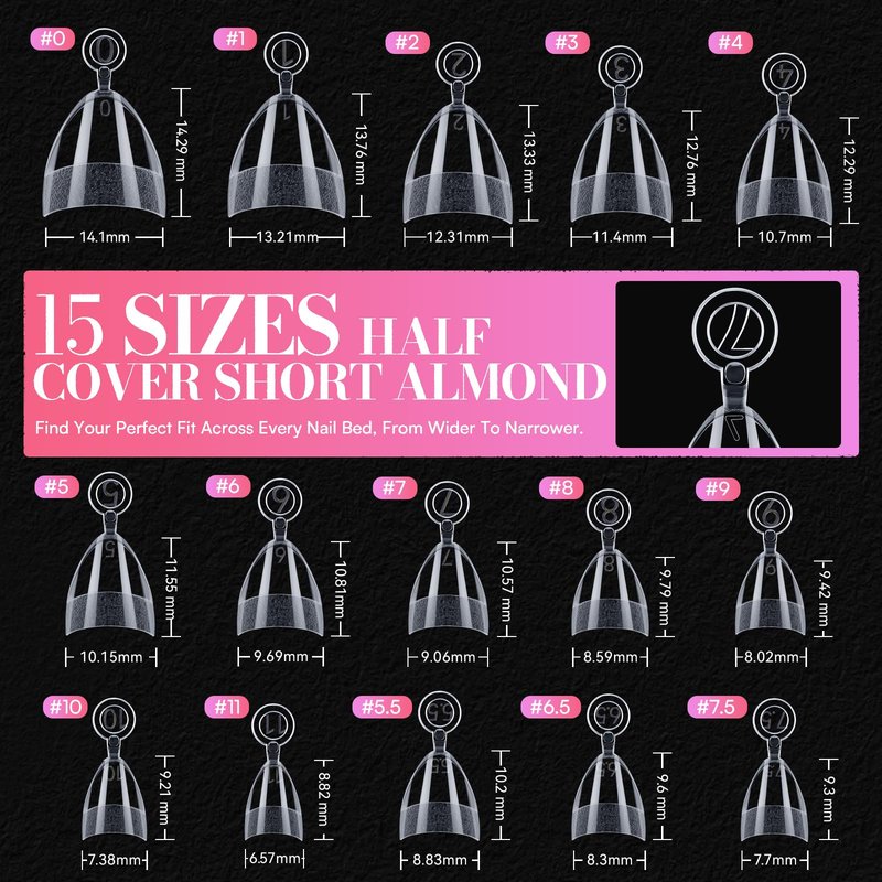 Makartt Short Almond Nail Tips: 504 PCS Half Cover Pre-shaped Acrylic Nail Tips Half Matte 15 Sizes False Nails - Easy-to-go Nail Extensions Manicure Supplies Salon Diy at Home