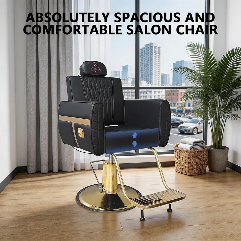 Ergonomic Reclining Barber Chair - Heavy-Duty Hydraulic Styling Seat | 550 LBS Capacity, Removable Headrest, Black