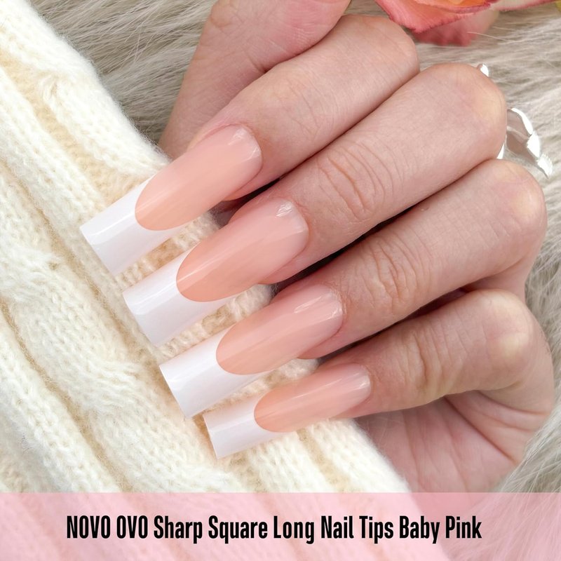 NOVO OVO Press-On Baby Pink French Tip Nail Tips | Extra Thick Soft Gel Full Cover | 180 Pieces in 15 Sizes