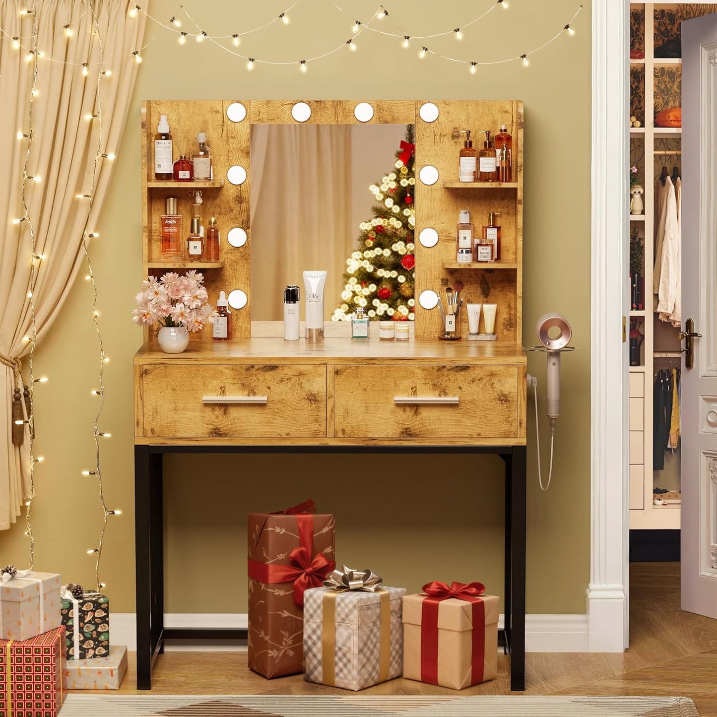 YESHOMY Vanity Desk with Mirror - Makeup Table with 2 Large Drawers & Power Outlet | Rustic Brown & Black
