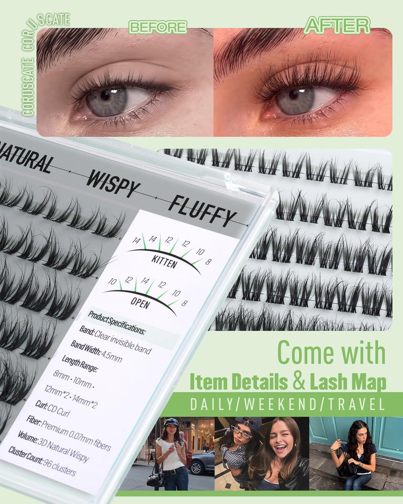 CORUSCATE Lash Clusters Wispy Eyelash Clusters Natural Spider Lashes Cluster with Spikes Kim&Kylie Individual Lashes Short 8-14mm Cluster Eyelash Extensions Clear Band Lash Extension