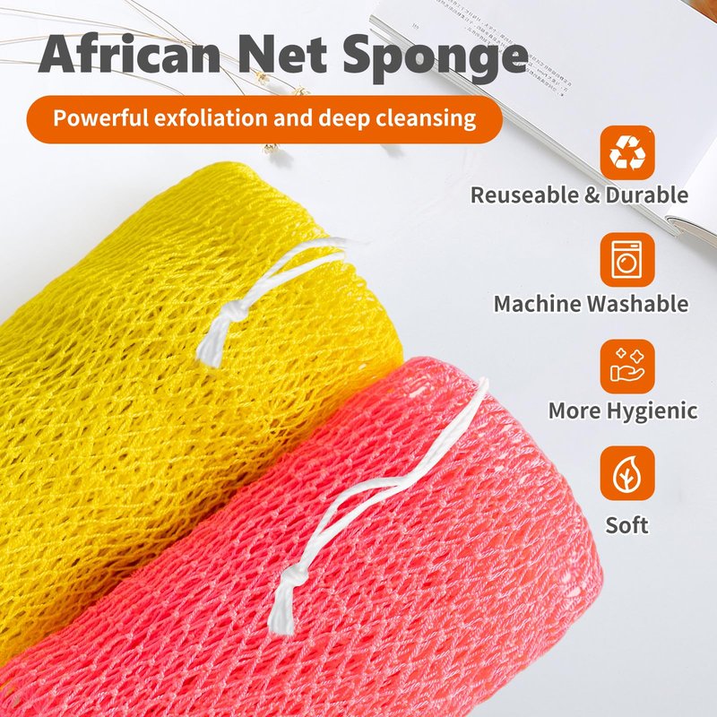 HOMEKOEY African Net Sponge Authentic,Loofah Exfoliating Body Scrubber Bath Sponge,Back Long Net Scrubber Washcloth for Shower,2 Pieces Scrubbers Cleaning Bathing Accessories(Yellow & Pink)