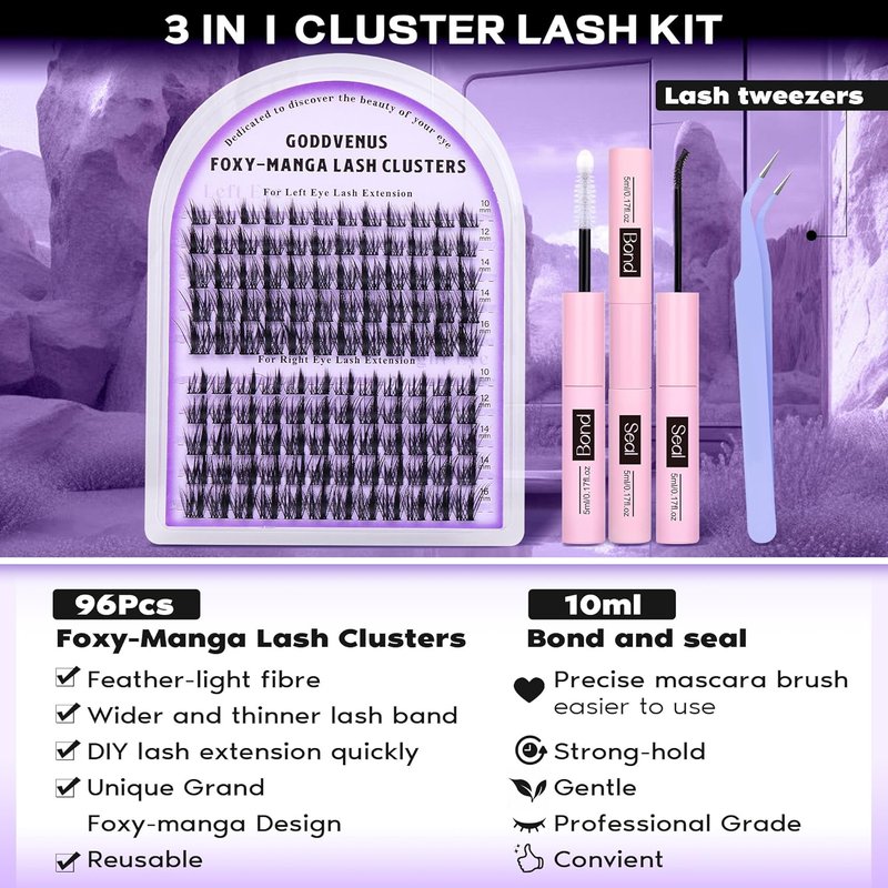 Goddvenus Manga Lash Cluster Kit Wispy Lashes Clusters Fluffy Eyelash Clusters Upturned Foxy Cluster Eyelash Extensions Kit D Curl Fairy Eyelash Extension Kit 10-16mm Individual Lashes Kit
