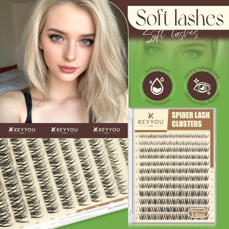 KEYYOU Spider Lash Clusters - Wispy D Curl Eyelash Extensions | Natural Look, 8-16mm Sizes