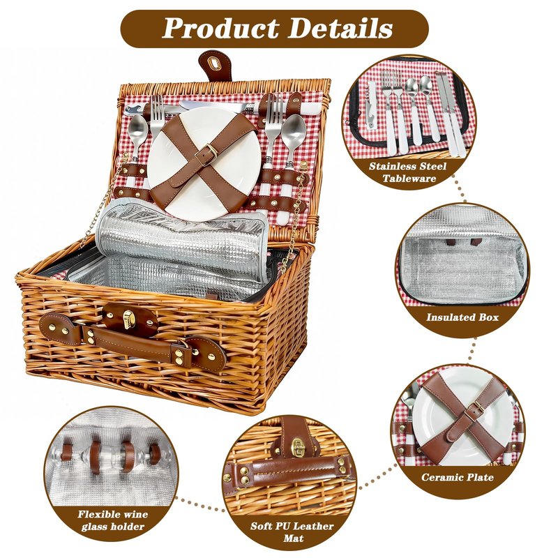 Picnic Basket for 2 - Picnic Basket with Cutlery Kit and Glasses, Insulated Picnic Set with Waterproof Liner, Portable Wicker Picnic Baskets with Lid and Handle for Outdoor, Picnic, Camping, Holidays