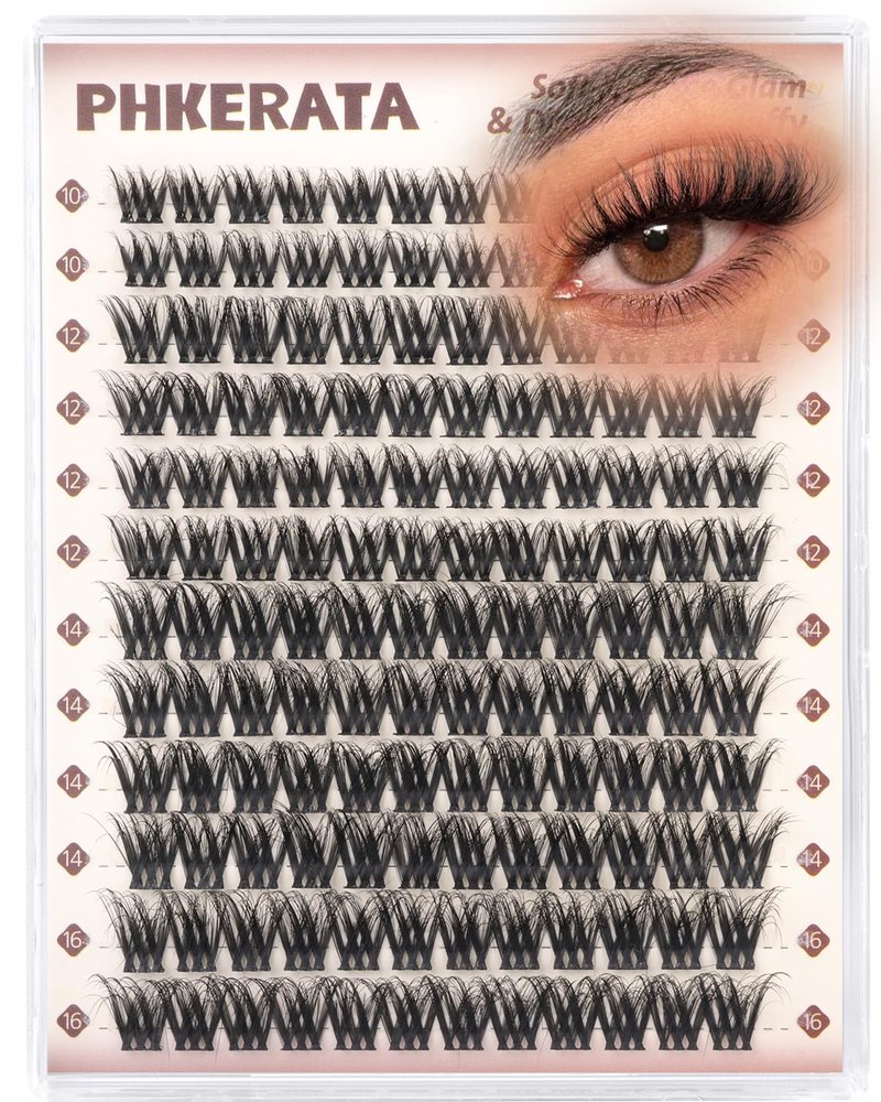 PHKERATA Fluffy Lash Clusters Wispy Eyelash Clusters, D Curl Cluster Eyelash Extensions, Light Volume Individual Lashes Cluster with Soft Thin Band, 10-16mm, 144Pcs
