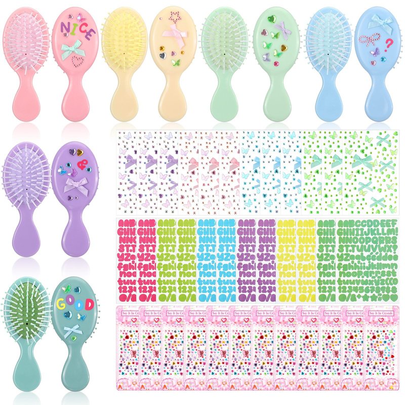 Acellegic 12 Packs DIY Princess Hairbrush Kits Princess Party Bow Diamond Alphabet Sticker Make Your Own Hair Brush with Gem Painting for Birthday Party Art Activities DIY Crafts
