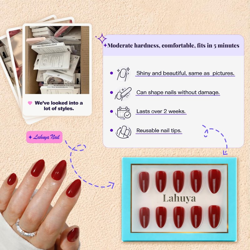 LAHUYA Press On Nails – Berry Glow | Nail Artist Designed Short Almond Fake Nails with Rich Berry Red Glossy Finish, 15 Sizes – 30 Nails Kit with Glue