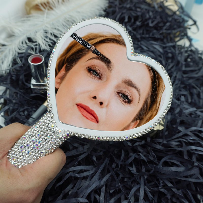 Frinnovan Large Rhinestone Handheld Mirror Heart Bling Glitter Cosmetic Dazzling Portable Hand Mirrors with Handle for Women Wedding Silver White