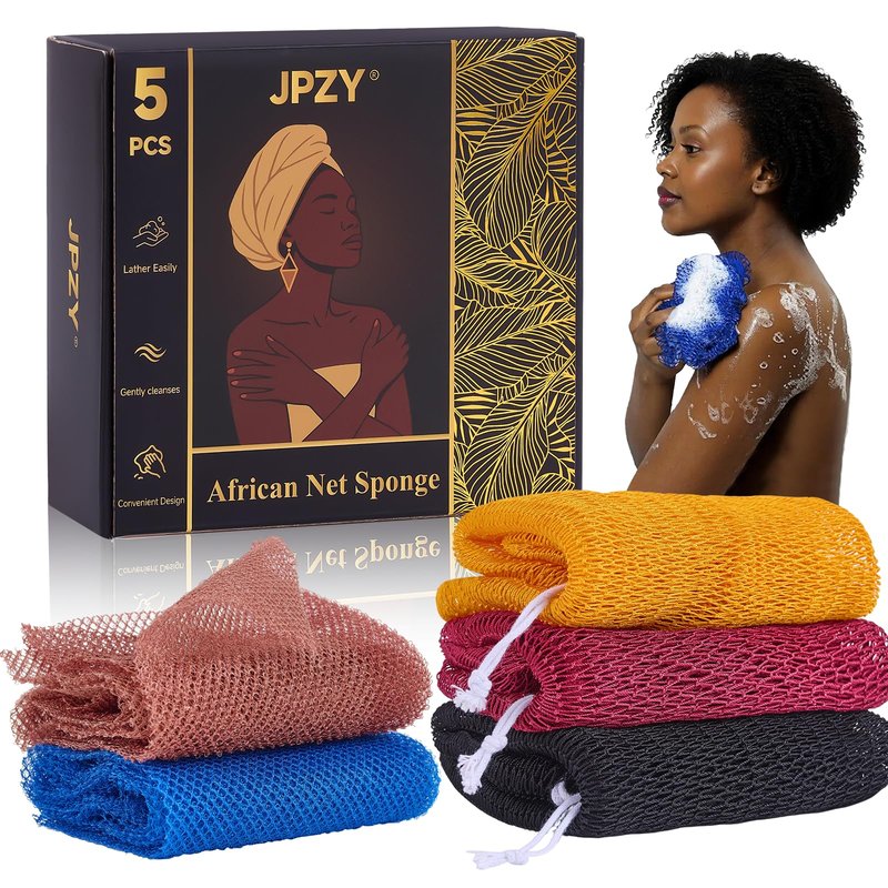 African Net Sponge 5-piece exfoliating Scrub is Suitable for All Skin Types,Bath Sponge for the face and Body, Durable and Gently Exfoliation