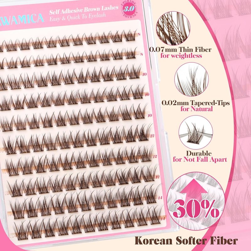 Self-Adhesive Eyelash Clusters - Brown Wispy Individual Lashes | Reusable 8-14mm C Curl Extensions