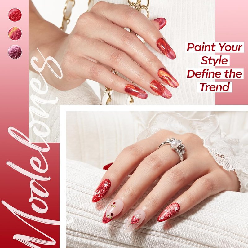 Modelones Cat Eye Gel Nail Polish Set - 6 Colors Including Red Glitter & Burgundy Ruby | Soak Off LED Gel for DIY Nail Art