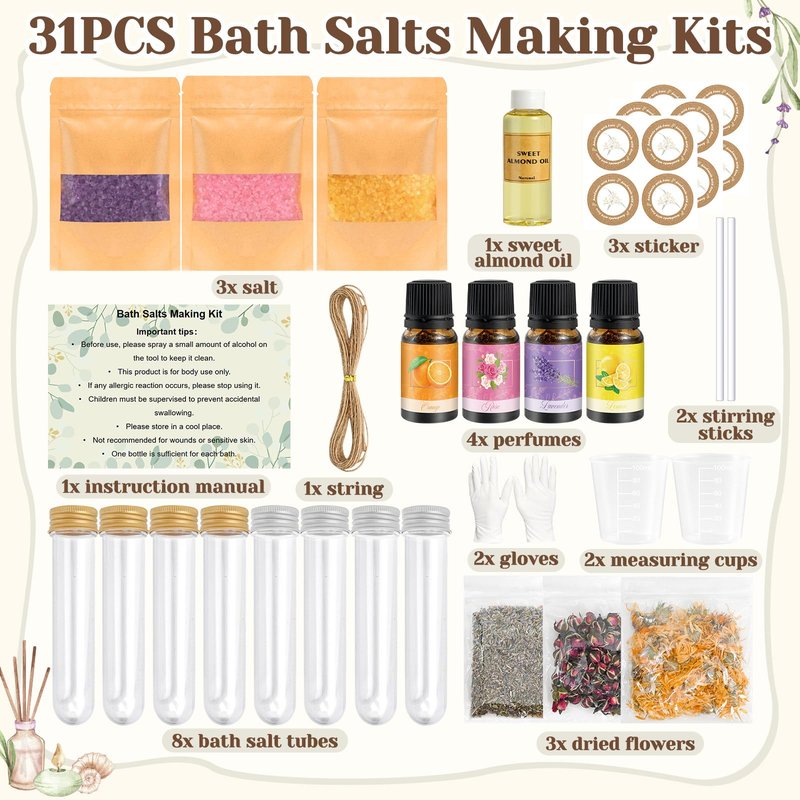 JUYRLE Bath Salts Making Kit- 31PCS DIY Bath Salts Making Kit, Make Your Own Sea Bath Salt, Relaxation Gifts for Women, Lavender, Rose, Body Care Spa Set, Organic Salt Scrubs Gifts for Women & Men