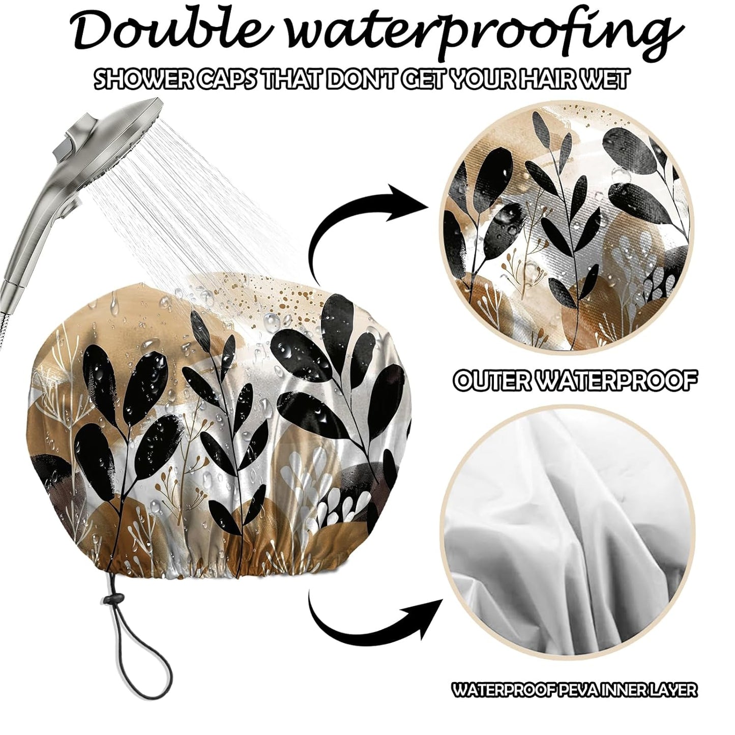 Skiennix Reusable Shower Cap - Waterproof Double Layer Design for Dry Hair | Aesthetic Sun & Moon Leaf Print - 2 Pack