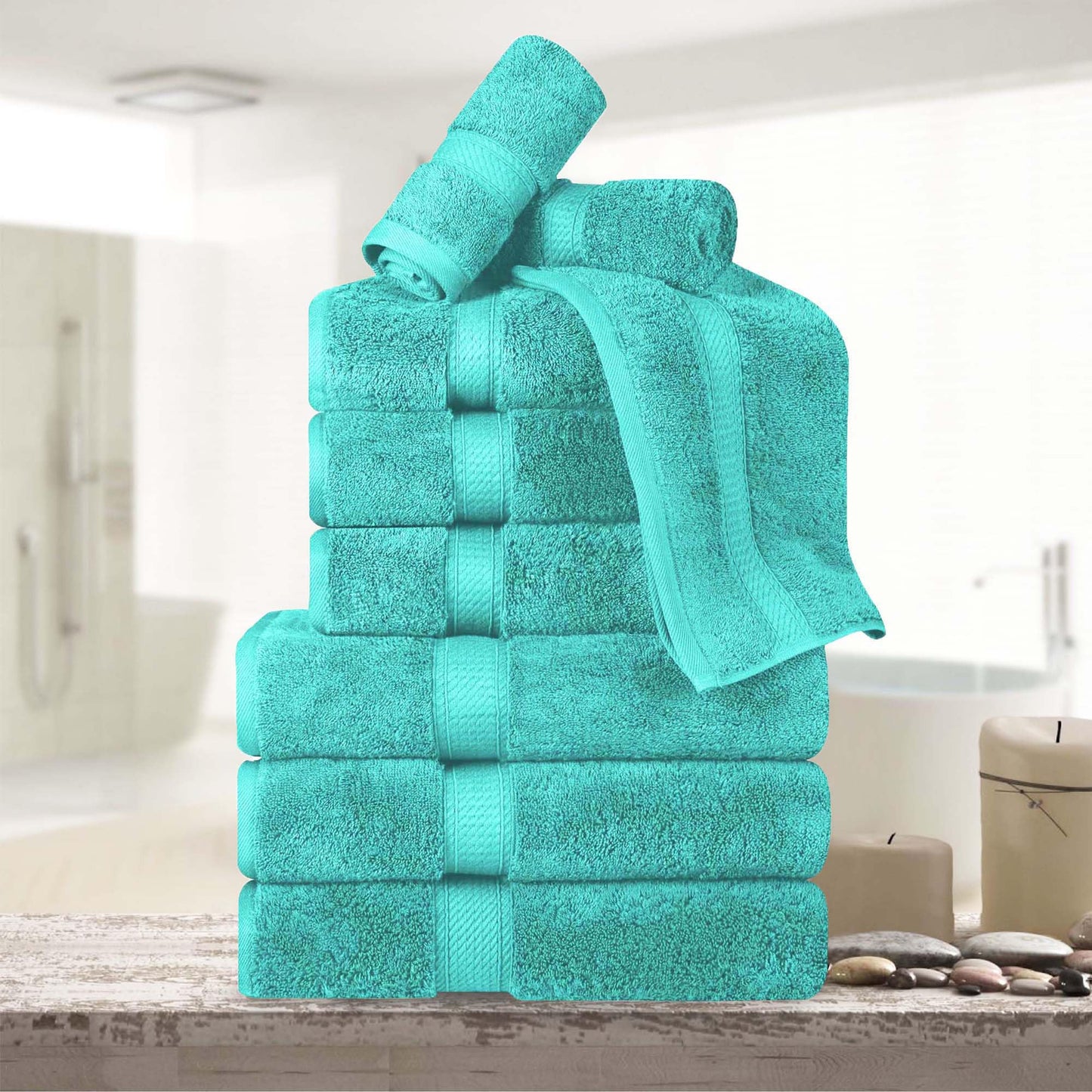 Superior Egyptian Cotton Pile 9 Piece Towel Set, Includes 3 Bath, 3 Hand, 3 Face Towels/Washcloths, Ultra Soft Luxury Towels, Thick Plush Essentials, Guest Bath, Spa, Hotel Bathroom, Turquoise