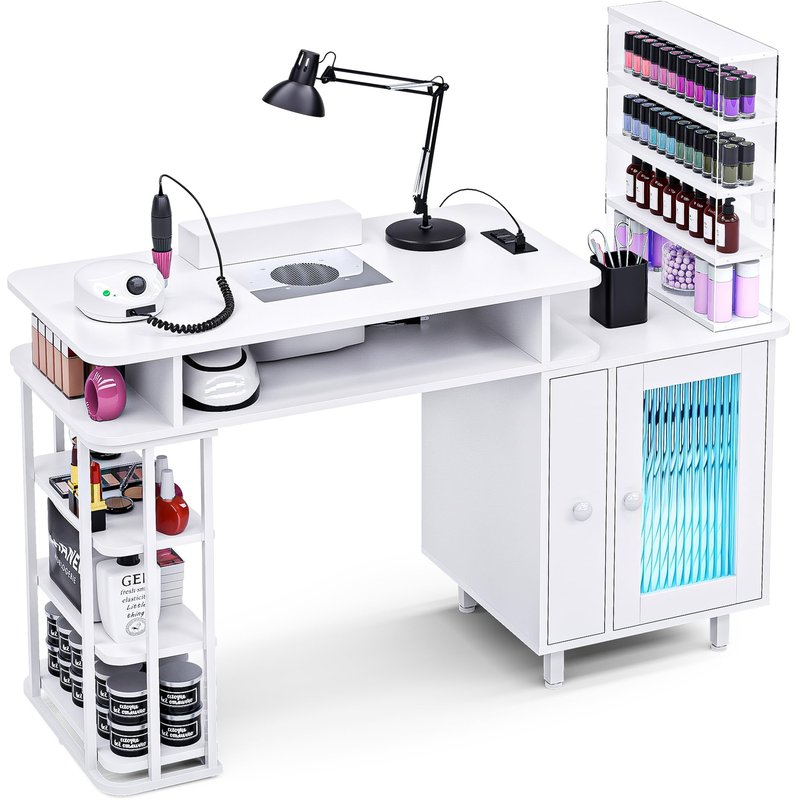 Kikihouse Manicure Table with LED Light, Nail Desk Nail Tech Table w/Dust Collector & Charging Station, Nail Station w/Removable Acrylic Storage Shelf, Drawers & Glass Door Cabinet, White