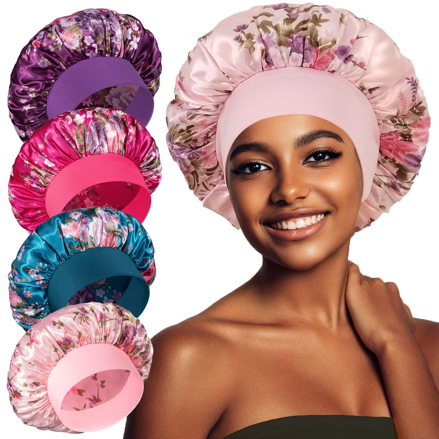 vidsel 4PCS Satin Bonnet, Bonnets for Women, Silk Hair Bonnet for Sleeping, Wide Band Sleep Cap for Curly Hair Braids