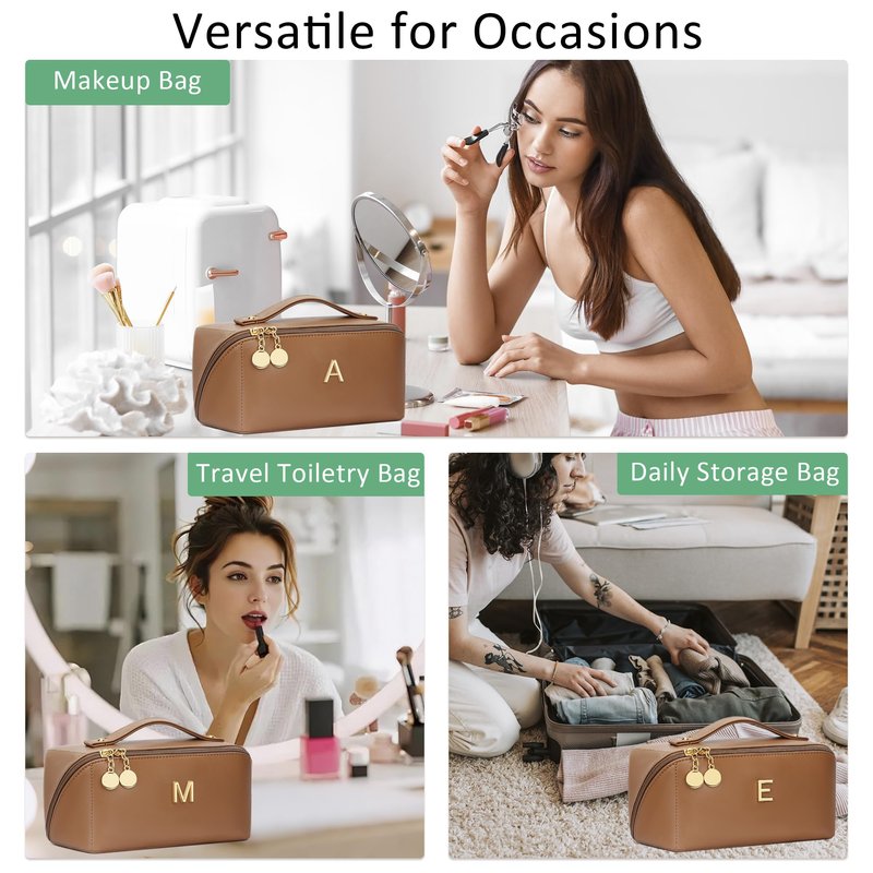 CLOUDWINGS Initial Makeup Bag Gifts for Women Bridesmaid Gifts Travel Toiletry Personalized PU Leather Waterproof Cosmetic Bag (Large-Brown-E)