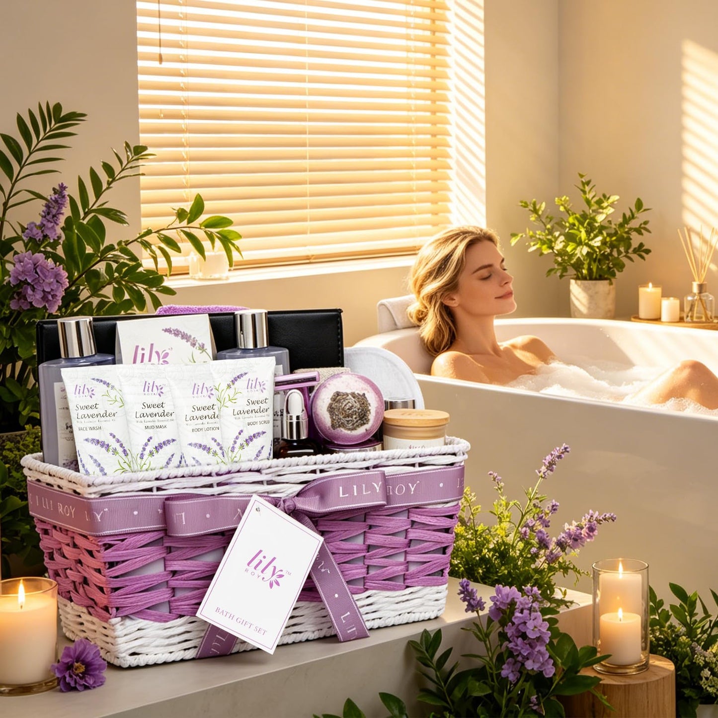 Gifts for Women, Birthday Gifts, 22 Piece Lavender Spa Gift Basket for Women, Mother's Day Gift Basket for Mom - Bath and Body Skin Care Set for Women, Spa Kit | Valentines Day Gift, Christmas Gift