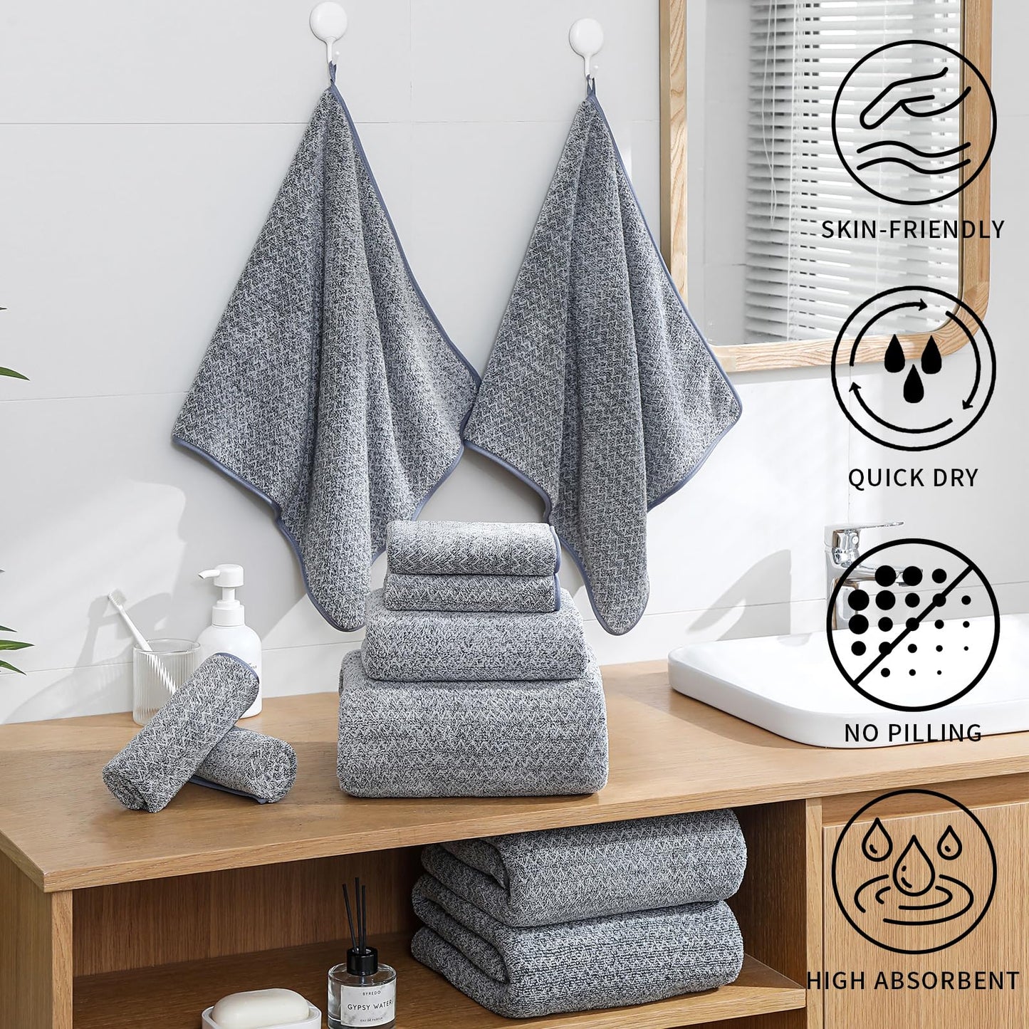 Ultra Soft Bath Towel Set,12 Piece (4 Bath Towels,4 Hand Towels,4 Washcloths) Family Bathroom Towels Set with Hanging Loop,Quick Dry Extra Absorbent Shower Towel for Bathroom,Hotel,Spa-Dark Gray