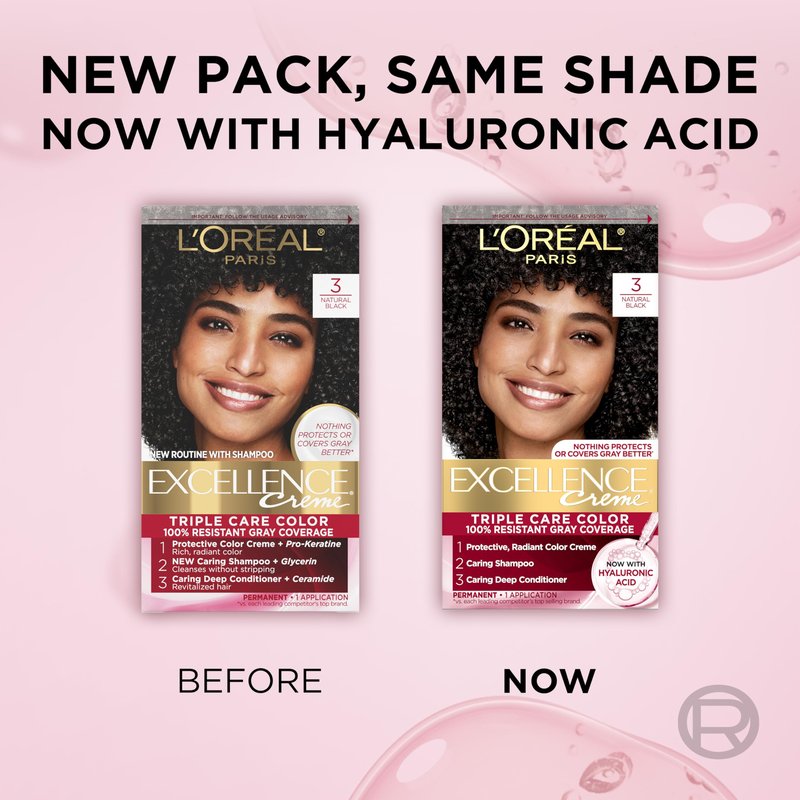 L'Oreal Paris Excellence Crème Permanent Hair Dye, Triple Care Hair Color with Hyaluronic Acid for 100% Gray Coverage, 3 Natural Black, 1 Kit (Pack of 2) (Packaging May Vary)