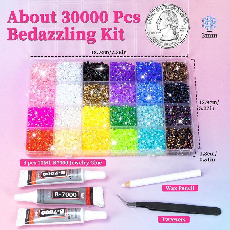 ESUOHYM Bedazzling Kit 30000PCS Bedazzled Kits 24 Colors 3MM Jelly Resin AB Flatback Rhinestones for Bedazzling Gems with 3PCS B7000 Glue Tools for Badazzle DIY Nail Art Gifts