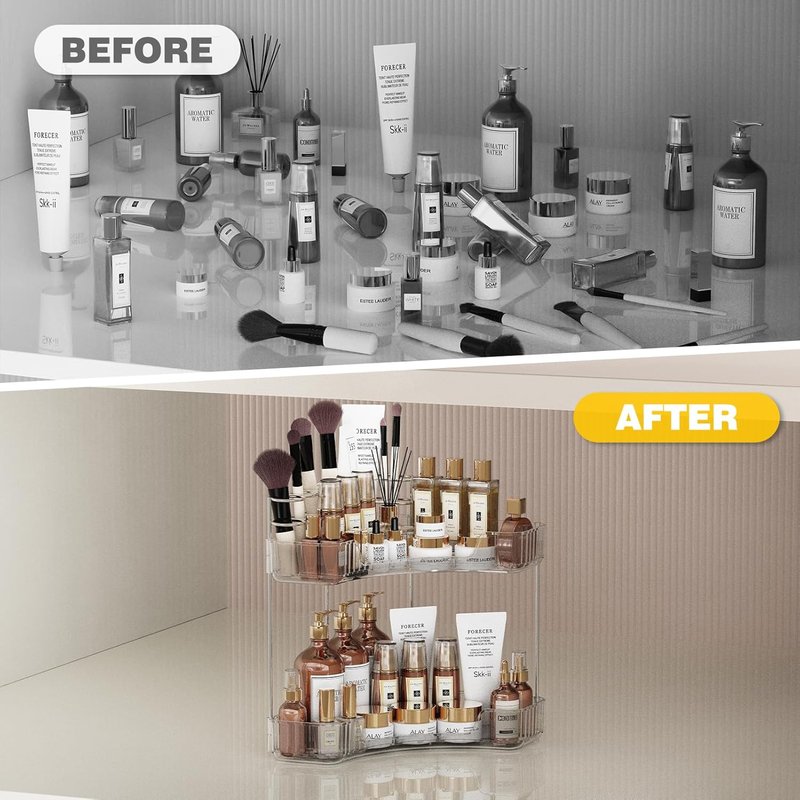 2-Tier Corner Bathroom Counter Organizer - Large Makeup & Skincare Holder | Clear Finish