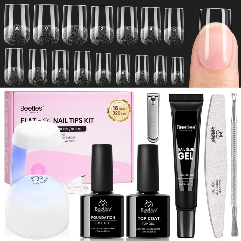 Beetles Gel Nail Kit Flat-X, Square Short, 320pcs 16 Sizes Nail tips, with 15g Nail Glue Gel Hands-Free, 7.5ml Base Gel & Top Coat, Mini Lamp, for Acrylic Press On Nail, Extension DIY Set at Home
