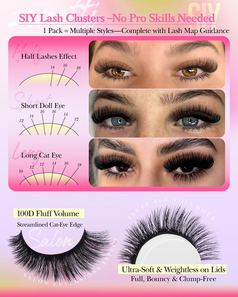 Lash Clusters Volume Lash Extensions Wispy Eyelash Clusters with Bottom Lashes 100D Individual Lashes Cluster Eyelash Extensions DIY Lashes Extension at Home D Curly 5-18mm by zenotti