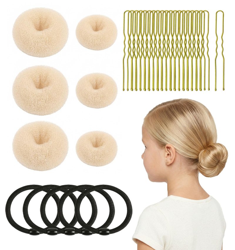 6pcs Hair Donut Bun Maker 2 Sizes in 1 Set(Small + Medium), Won't Slip Bun Shaper Ring for Women Girls Casual Styling | Includes 5 Hair Ties and 20 U Pins (Beige)