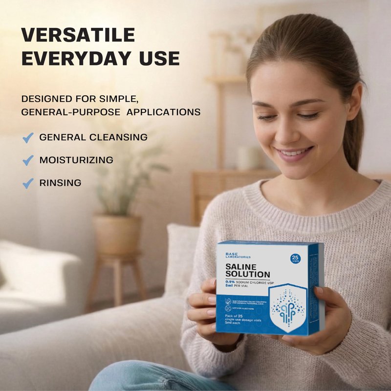 BASE LABORATORIES 0.9% Saline Solution Vials - Versatile 0.9% Sodium Chloride Saline Ampoules - Preservative Free Saline Solution Single use vials - USP Grade 25 Vials x 5ml Count