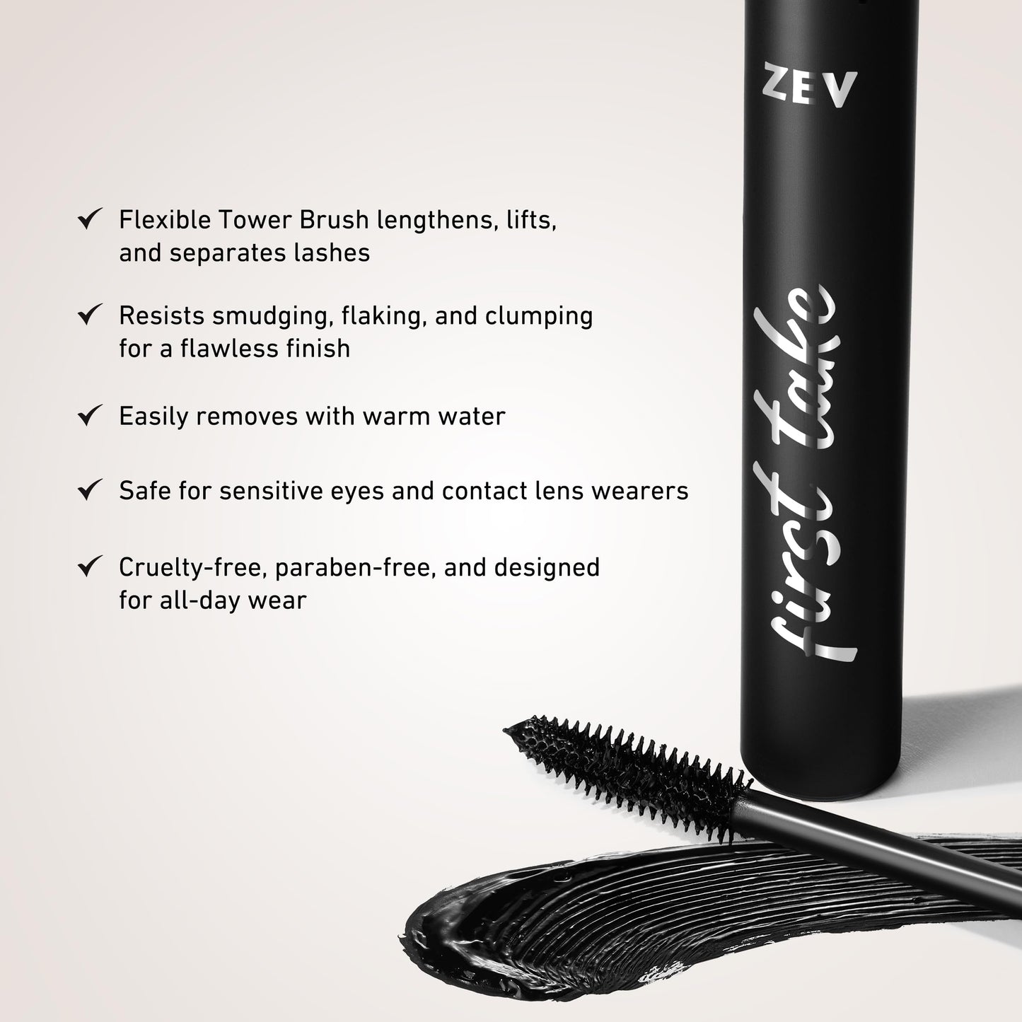 Zev First Take Mascara, False Lash Effect Mascara, Volumizing & Lengthening, Defining, Multiplying, Curling, Buildable Formula, Cruelty Free & Paraben Free - Black