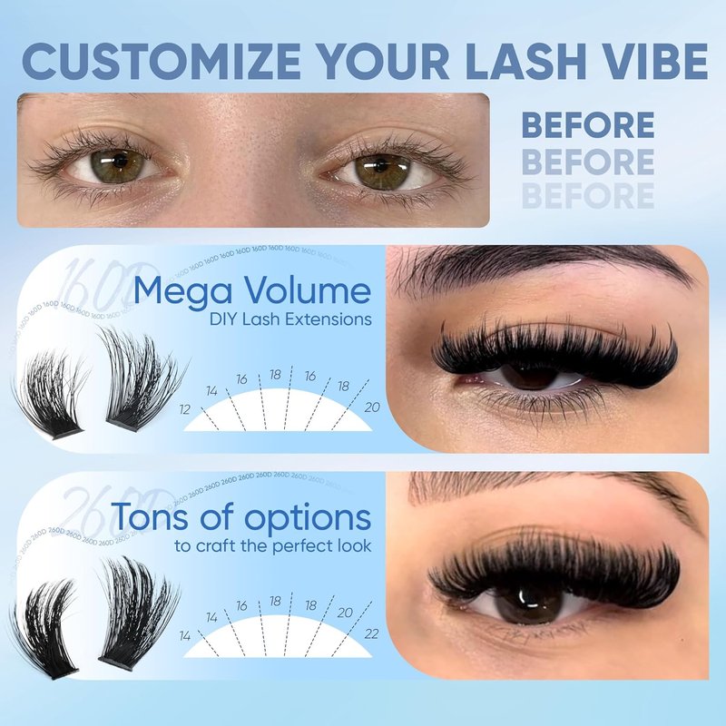 CORUSCATE Lash Clusters - 160D & 260D Volume Eyelash Extensions | 12-24mm Long, Thick, Dramatic Look