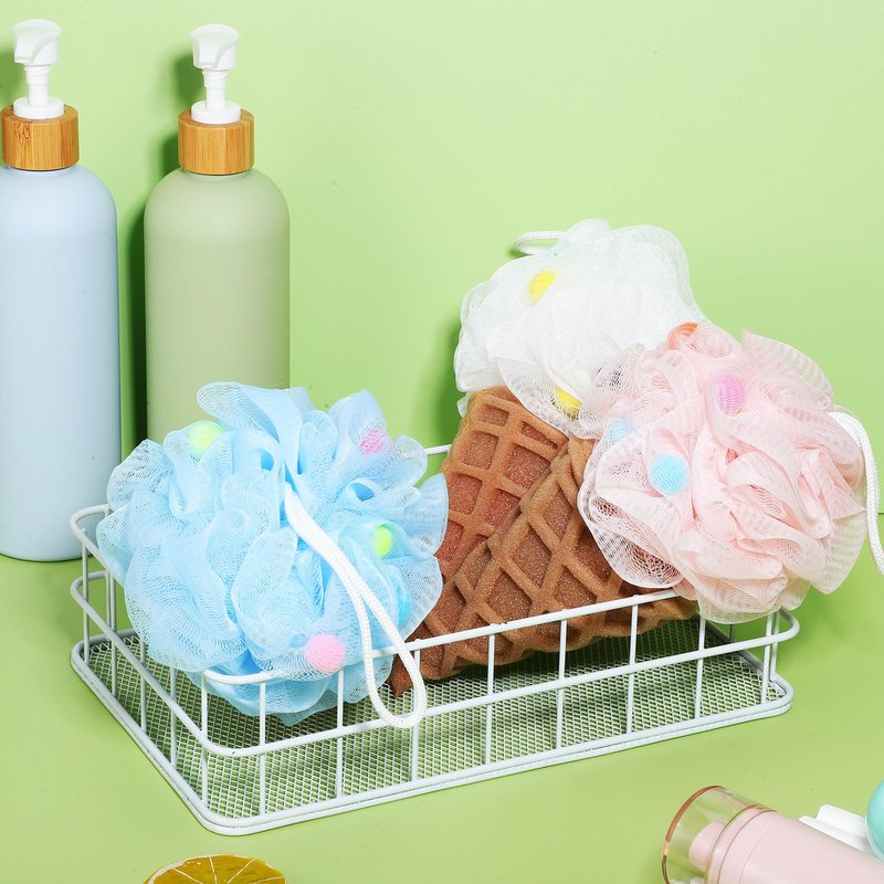 DEARMAMY Kids Loofahs 3 Pack Ice Cream Bath Sponge Shower Balls Soft Body Scrubbers with Hanging Rope for Toddlers Gentle Bath Accessories