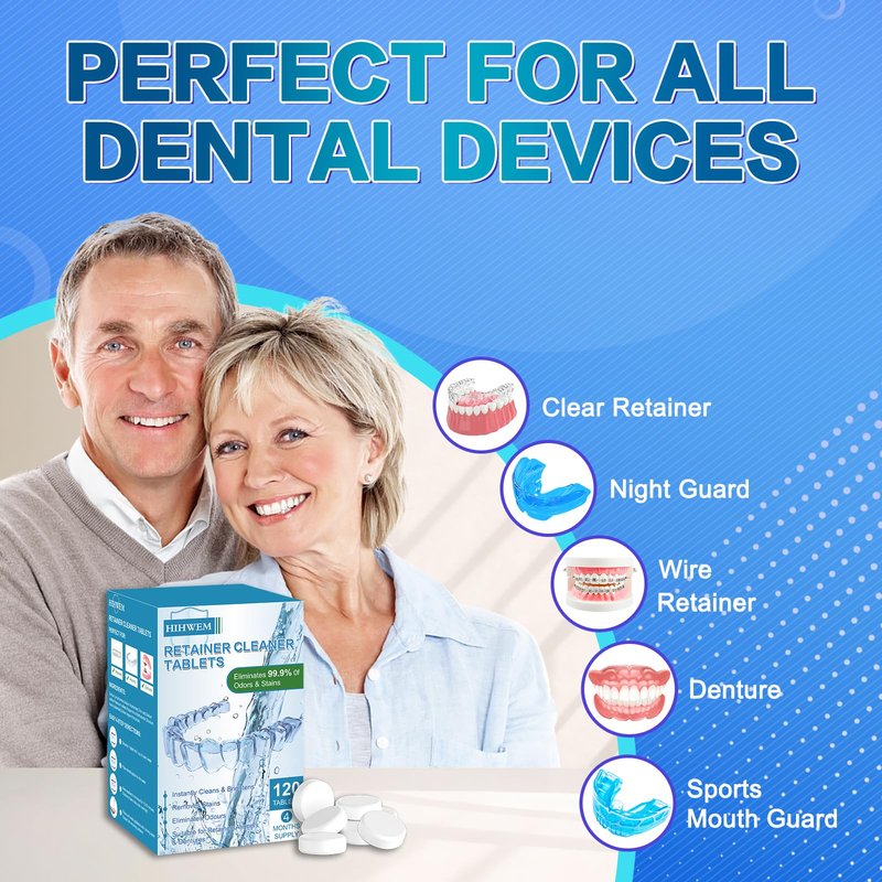 Retainer Cleaner Tablets, Denture Cleaner Effervescent Tablets - 120 Count, 4 Month Supply, Remove Stains & Odors for Clear Aligners, Night Guards, Mouthguards, Non-Abrasive, Bleach-Free