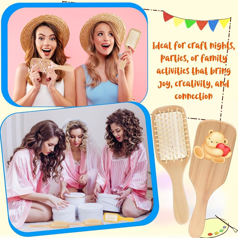 DIY Wooden Hairbrush Painting Kits - Natural Wood Paddle Brush with Stickers for Arts & Crafts | 8 Sets for Girls