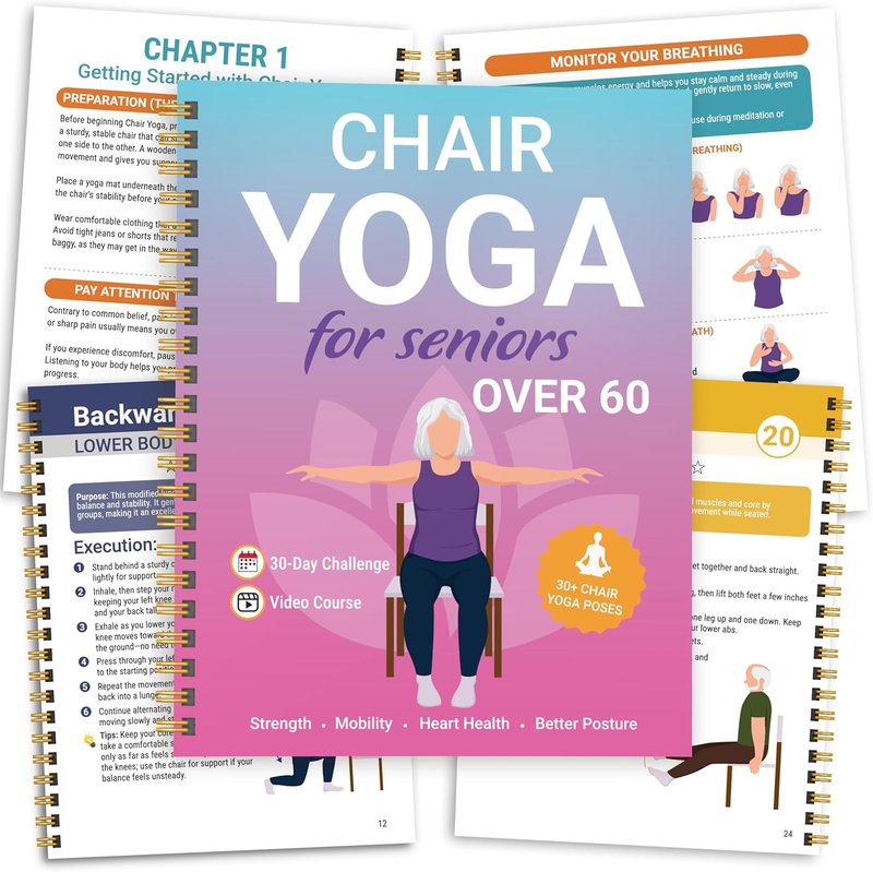 POCAZONE Chair Yoga for Seniors Over 60 Book and Chart, 30 Poses with Video Guide, Spiral Bound, Large Print, 30-Day Laminated Chart, Seated Exercises for Weight Loss, Flexibility