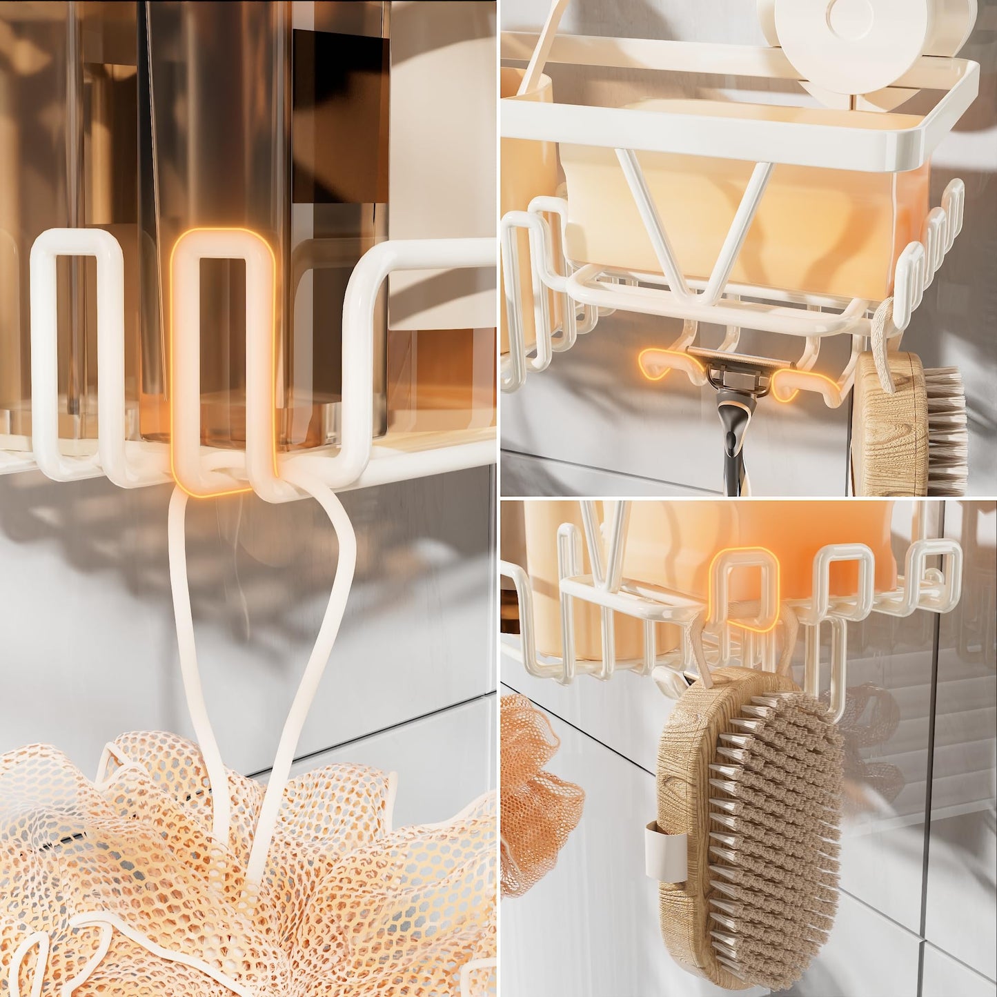 KEGII Shower Caddy Suction Cup with Soap Holder and Hooks, Removable Suction Bathroom Organizer Shelf, No Drilling Shower Organizer, Stainless Steel Shampoo Holder for Bathroom Storage, Cream White