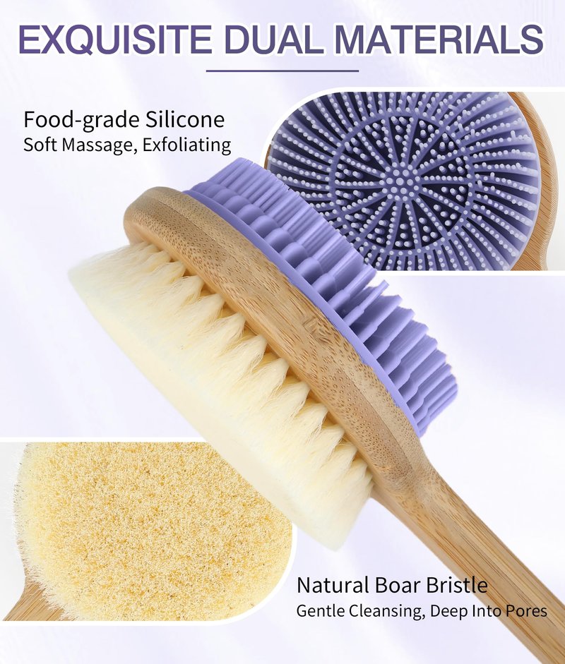 EaTubano Back Scrubber for Shower - Double-Sided Silicone and Super-Dense Bristles for Deep Cleaning & Exfoliation, Bamboo Long Handle with Wider Anti-Slip Grip, Rich Foam, Durable (Purple)
