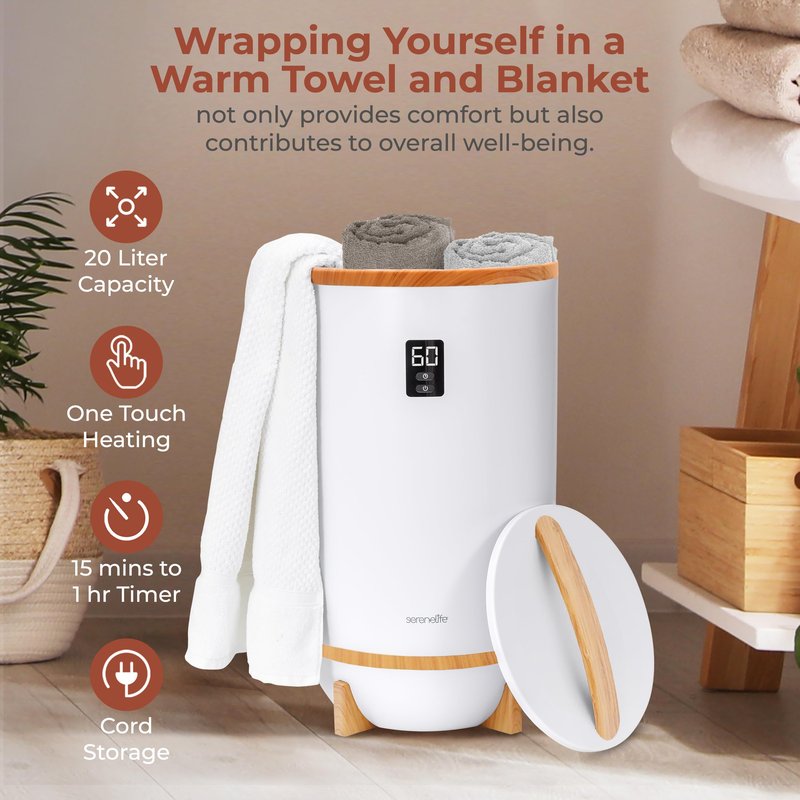 SereneLife Towel and Blanket Warmer - Single Touch Portable Towel Heater for Bathroom, Fragrant Disc Holder, LED Ring, 2 Large Towel Capacity, Built-in Timer (15-60 mins), Auto Shut-Off (White)