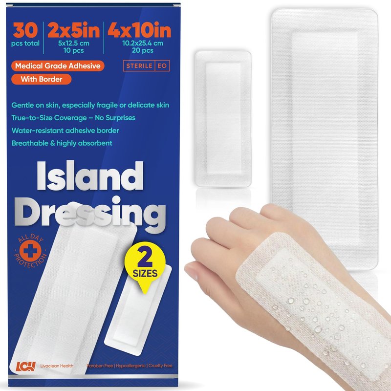 30CT Island Dressing, 2 Sizes 2"x5" & 4"x10" | Bordered Gauze With Adhesive Border | Hypoallergenic Adhesive Gauze Pads | Sterile Wound Dressings | Large Wound Bandages for Surgical Wounds & Catheters