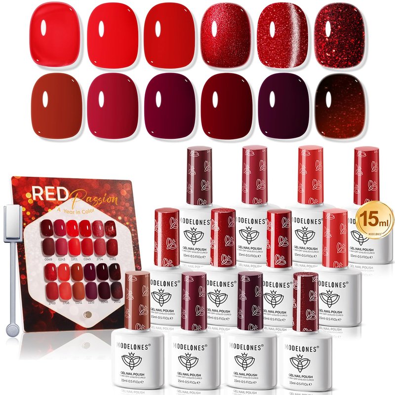 modelones 12Pcs 15ML Red Gel Nail Polish Set, Same Bottle Same Bottle Burgundy Cherry Dark Red Cat Eye Glitter Color Changing Hema Free Gel Polish Kit with Magnet Soak Off Manicure Nail Art DIY