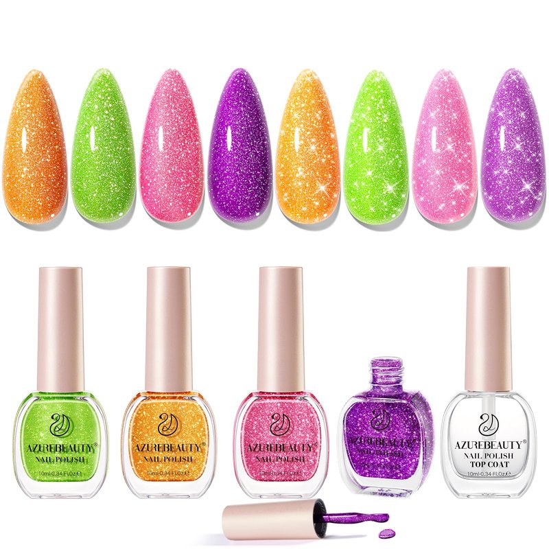 AZUREBEAUTY Nail Polish Set, 4 Colors Flash Reactive Shimmer Glitter Neon Pink Orange Green Purple Spring Summer Long Lasting Quick Dry Natural Fingernail Lacquer Strengthening Kit with Top Coat