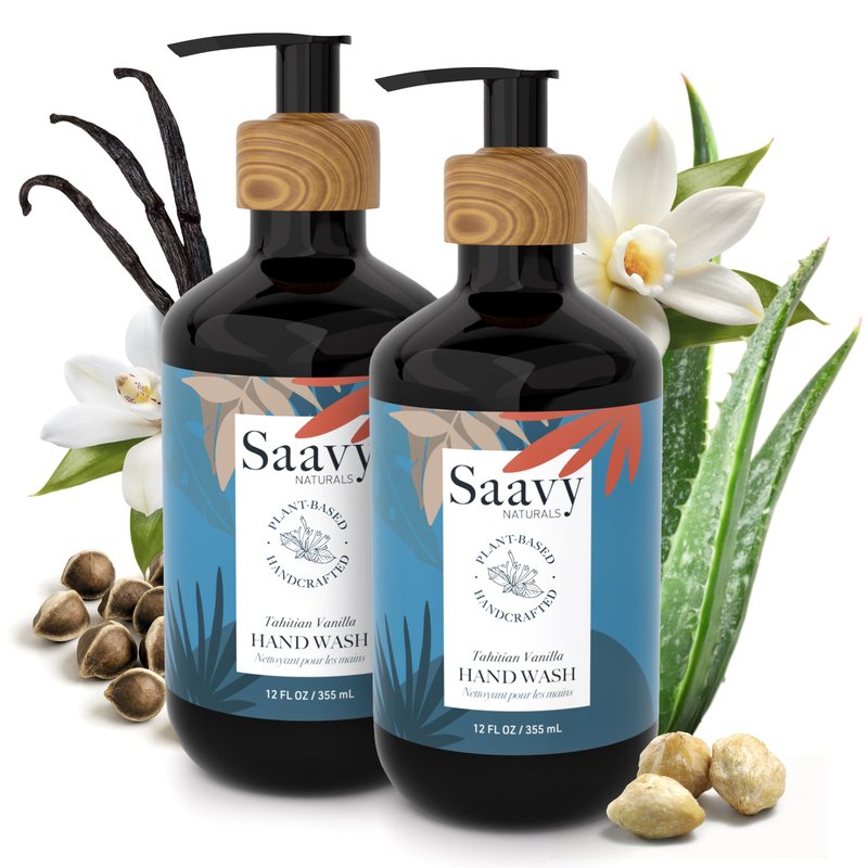 Saavy Naturals Hand Wash – Plant-Based Liquid Hand Soap with Aloe Vera, Shea Butter & Essential Oils – Sulfate-Free, Moisturizing, Food-Grade Ingredients – Tahitian Vanilla – 12 fl oz, 2 pack