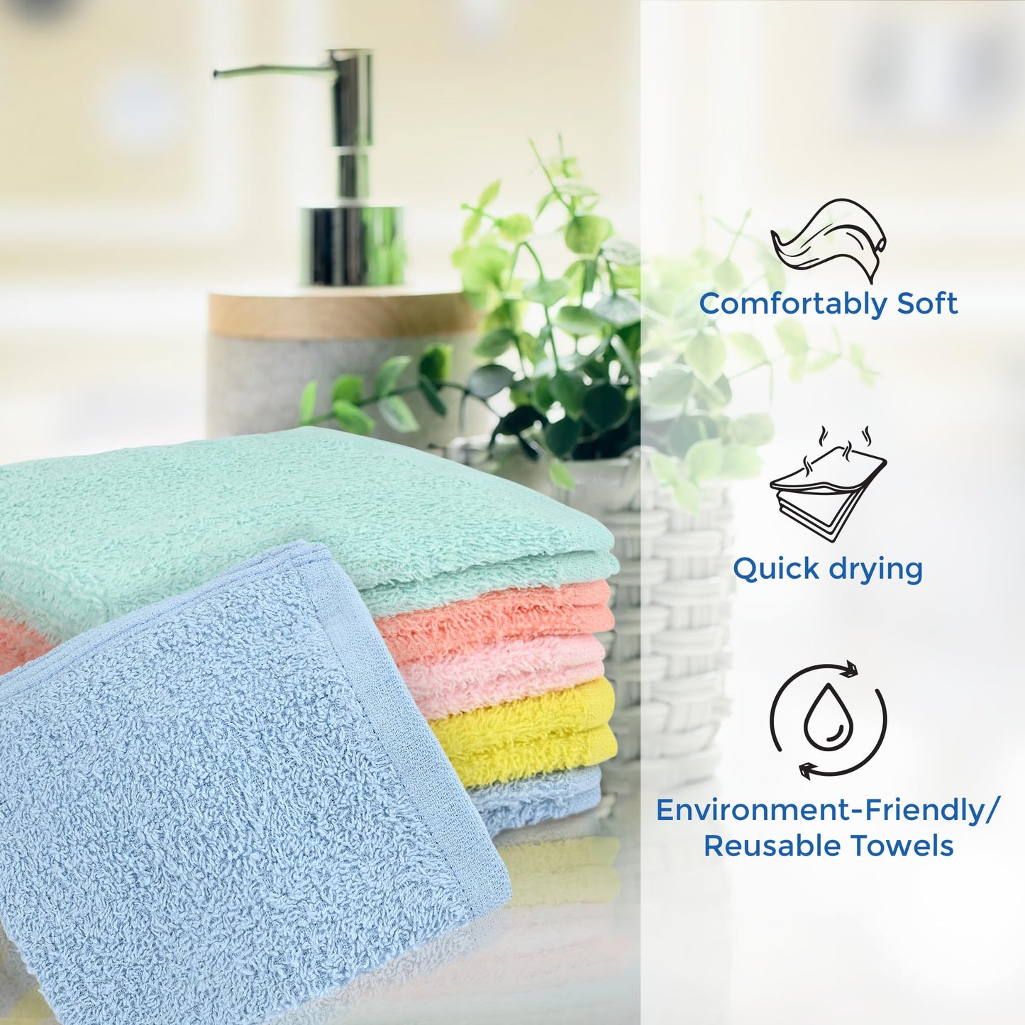 Crystal Ridge Cotton Wash Cloths 10 Pack - Washcloths for Showering, Face and Body, Soft and Highly Absorbent Multipurpose Towels for Bathroom, Kitchen, Spa and Gym - Wash Rags 12 x12 (Pastel)